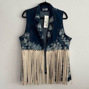 NWT Crazy Train Denim Fringe Acid Wash Vest